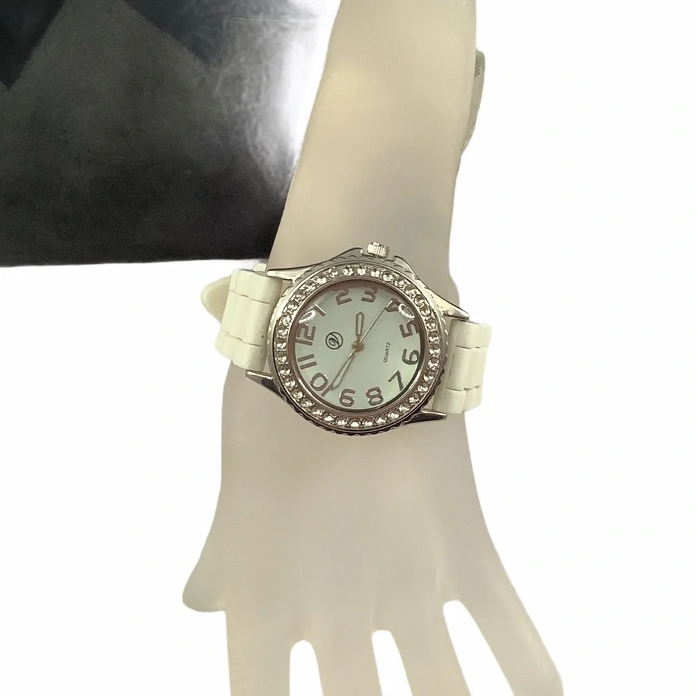 Accutime White Rhinestone Silicone Quartz Watch - Picture 3 of 14